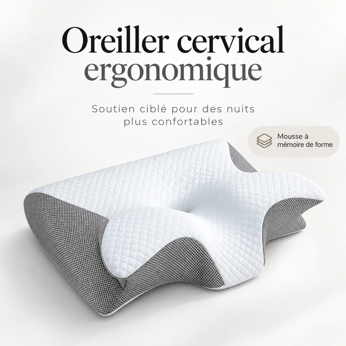 Oreiller Miora de trois quarts sur fond clair, housse matelassée blanche et flancs en maille respirante