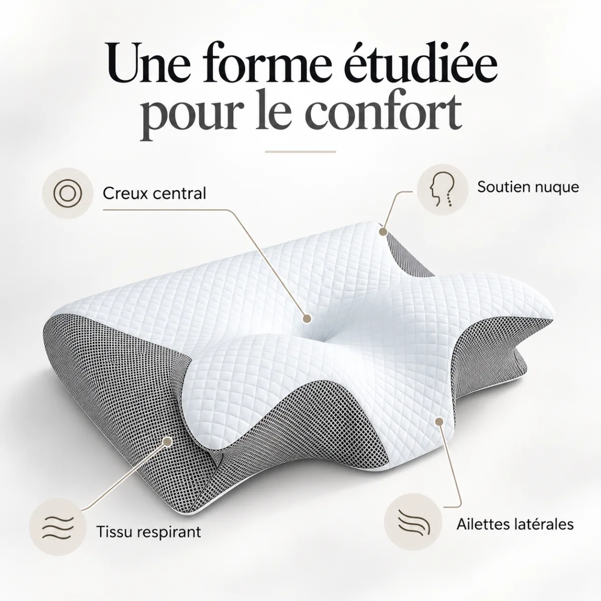 Schéma annoté de l'oreiller : creux central, soutien de la nuque, ailettes latérales, tissu respirant