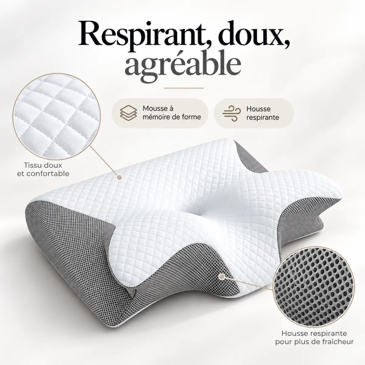 Gros plan sur la matière : housse matelassée douce et maille respirante des flancs