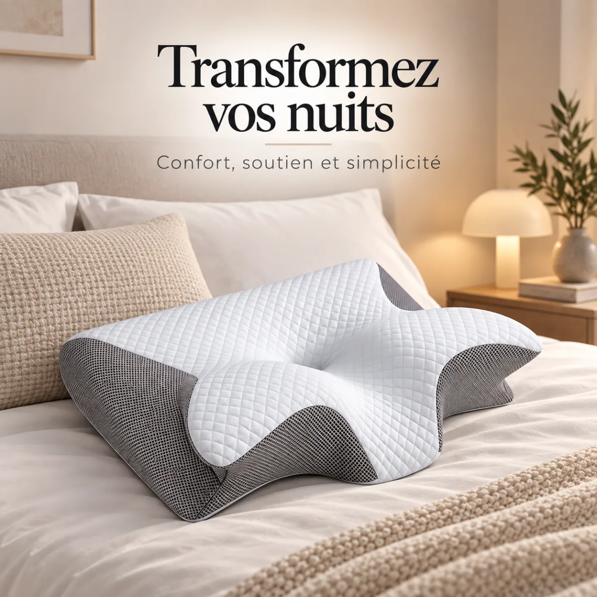 L'oreiller posé sur un lit fait, lumière chaude du soir, ambiance de chambre