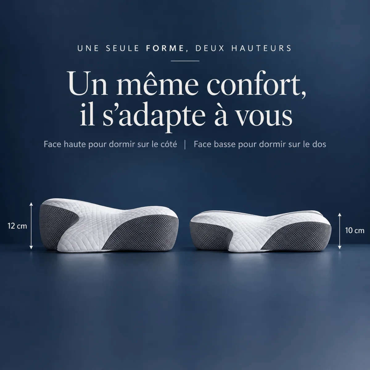 Les deux hauteurs de l_oreiller Miora vues de profil, 12 cm et 10 cm, cotes indiquees